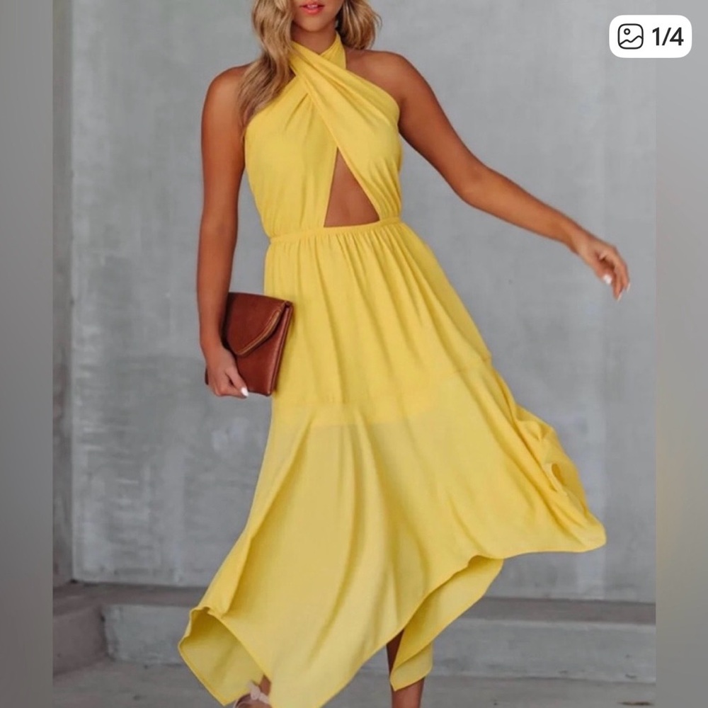 #165 Vici cut out midi beautiful yellow Asymmetrical Yellow Halter Dress. NWOT.